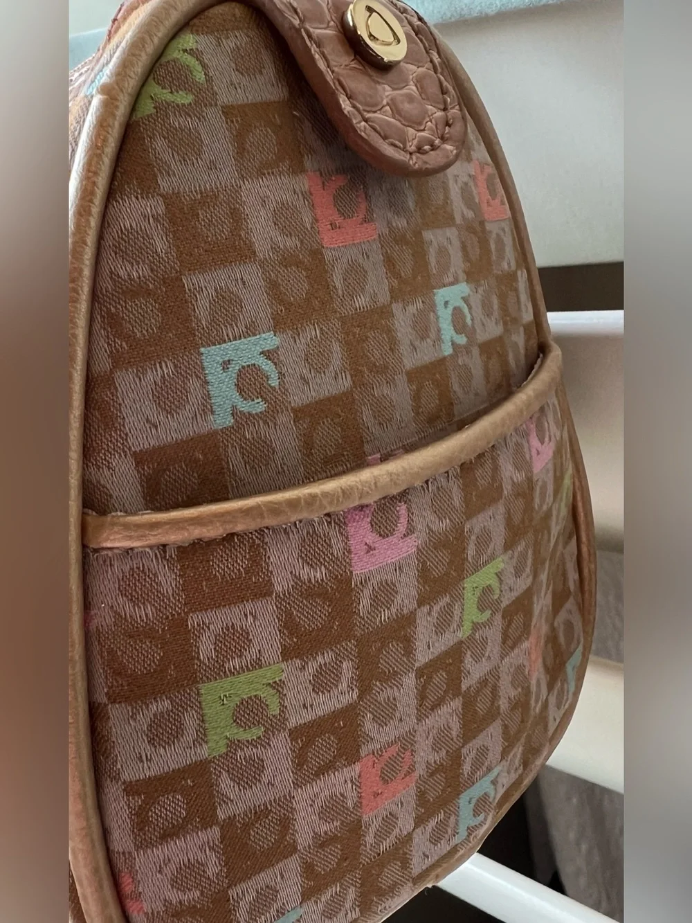 Liz Claiborne Multicolor Monogram Satchel with Tan Trim